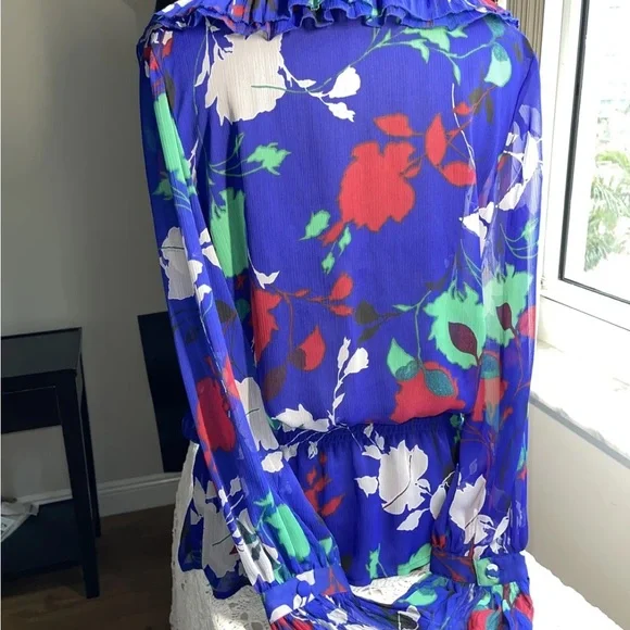 George Blue Floral Sheer Ruffled Blouse Deep V Neck , Size Medium - Picture 4 of 6